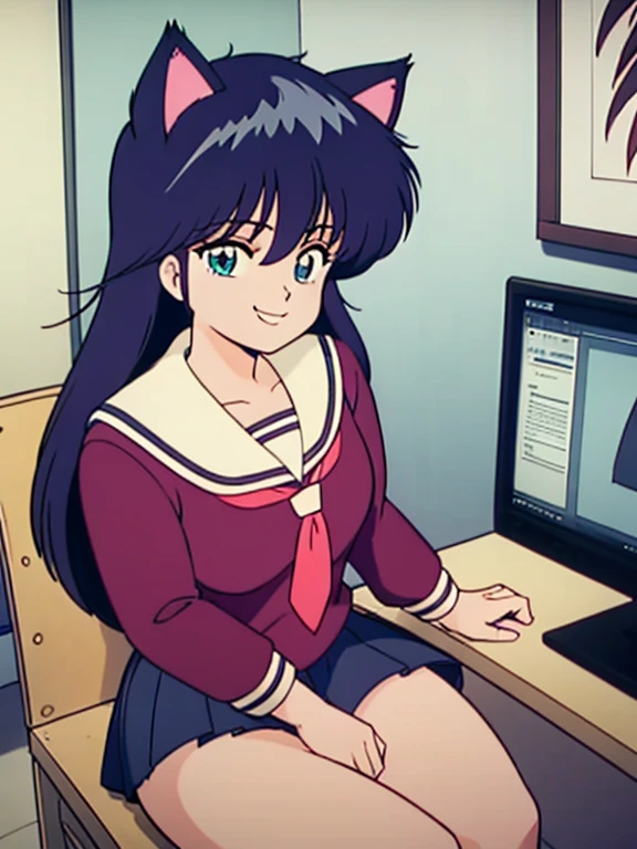 Colorful hair and colorful dresses in anime ((Cat ears only girl)), school uniform pastel vivid, rossdraws manga vivid, Anime Style 4k, Beautiful Anime portrait, art germ colorful!!!、! Dream art germs, Beautiful Anime, Cat ears alone, Anime style digital art, anime art wallpaper 4k, anime art wallpaper 4k, Digital anime art, Highly detailed artwork, school uniform, whole body, Sitting in the office, Gray Hair, Front view, Grin, white Panties,