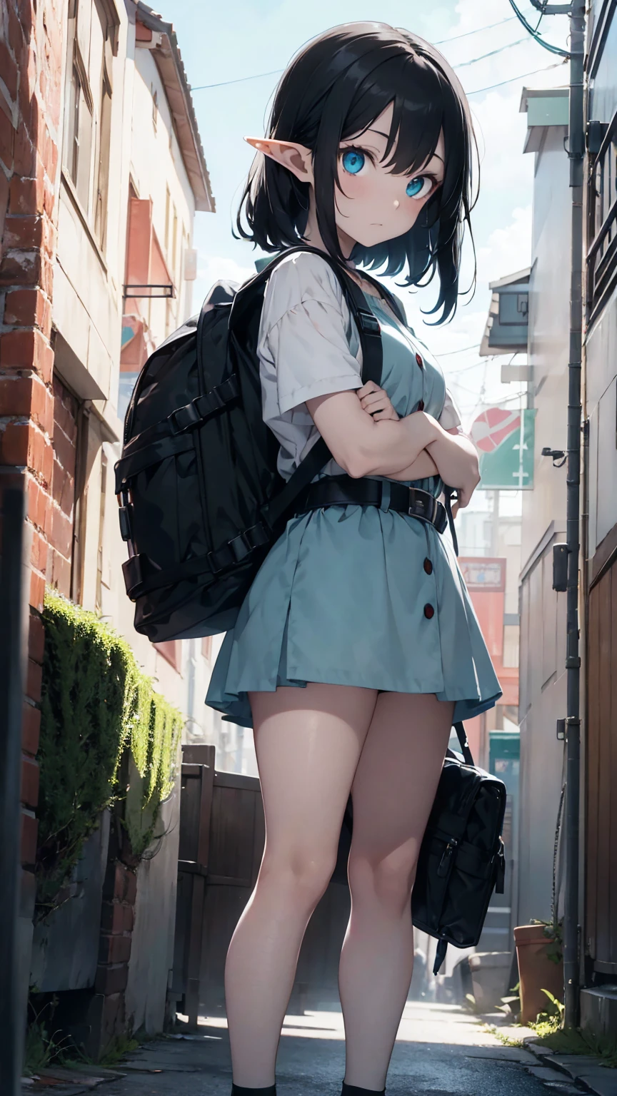 elf, clown, black hair, turquoise eyes, pale skin, full body, backpack, belt pouch, dull clothing, grim dark fantasy artstyle