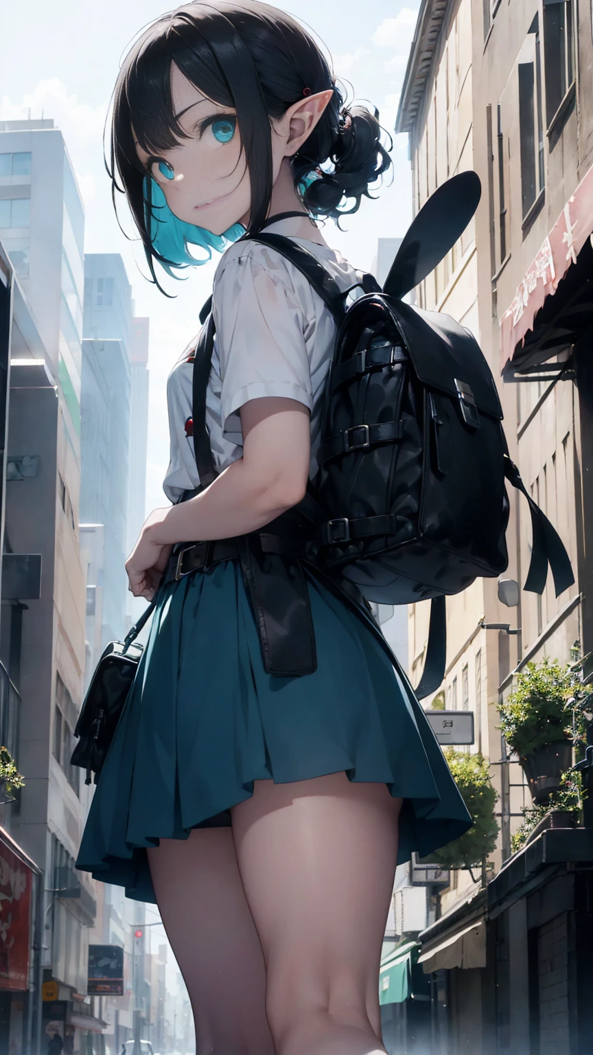 elf, clown, black hair, turquoise eyes, pale skin, full body, backpack, belt pouch, dull clothing, grim dark fantasy artstyle