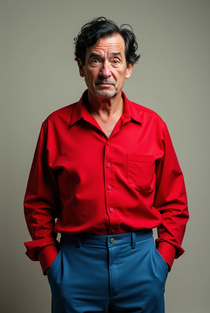 A man with a wart on his forehead, short hair, wavy black color, blue dress pants and red long sleeve shirt
