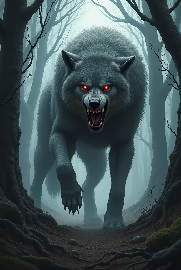 giant wolf with gray fur, large fangs exposed and red eyes in the forest