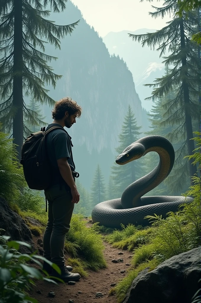 A medium-haired man is standing facing the side in a mountain forest and there is a large coiled snake