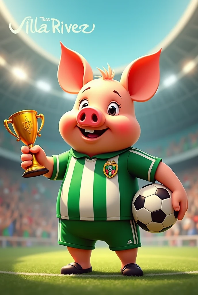 Create the drawing image, Human Porky from the looney toons movie , Let it be a different little piece with a ball and a trophy in each hand. That he is wearing a green and white shirt. There are sports games like in a futsal world cup. With a sign Villa Rivero.