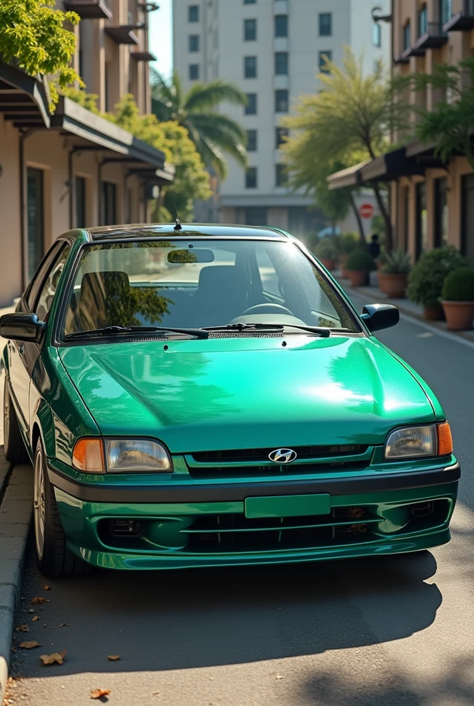 give me a picture of a 1996 Hyundai Accent in petrol green with a Goku-like hood and a black roof