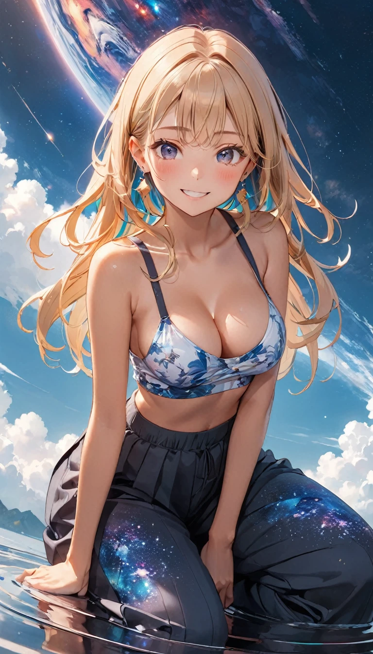 anime illustration, ((((highest quality)))), (((Ultra-precision CG 16K))), (((masterpiece))), BREAK skinny body, slender waist, medium Breasts, (((perky breasts))), ((sagging breasts)), (covered nipples),  (((tanned skin, tan lines))) , BREAK ( smiling, blush, determined expression, sweaty , Heavy breathing, embarrassed, ) , (natural make), BREAK narrow eyes, (streaked hair, hair intakes, colored inner hair, ) BREAK (((wearing printed sexy oversized clothing , wearing wide-leg-pants, breasts is covered by outfit, (detailed panty)Narrow aisles,))) , wearing earrings , BREAK ( stick breast out,  bending over, all four)) BREAK  (( ripples , horizon , under the cosmic sky on the cosmic sea , cosmic effects)), (((close-up of face, bust-up shot, looking at viewer, ))), BREAK ((cinematic , from random angles, (Distant view, Panorama), looking at viewer, )) , pinup magazine pose,