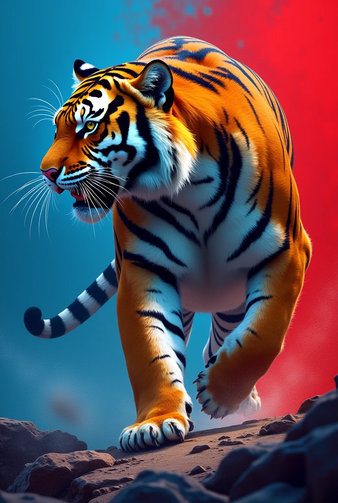 Make a banner with a blue and red background with a Siberian tiger on its side looking forward showing its claws 