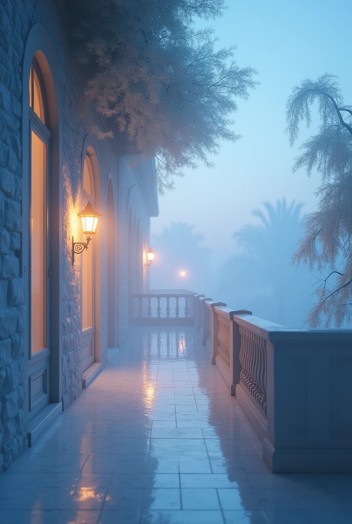 a white dreamy balcony, foggy, soft focus, cool lighting, muted pastel colors, glowing atmosphere, dramatic shadows, cinematic composition, dream-like quality, ethereal, romantic, soft focus photography, blue hour, midnight, windy, silver white marble, whimsical, hazy, ethereal, hazy