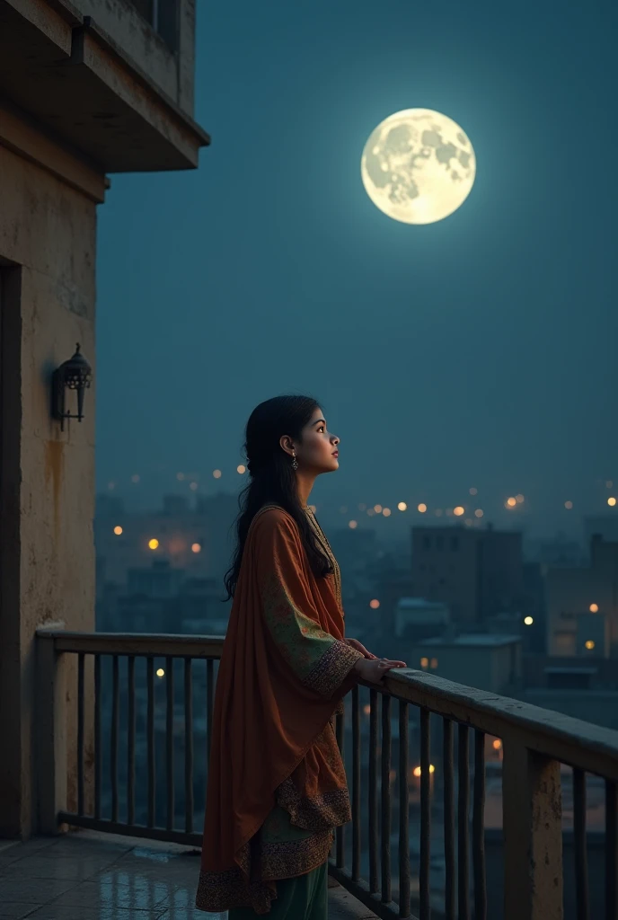 (photorealism:1.2), a realistic Pakistani girl standing in balcony at night and watching a full moon