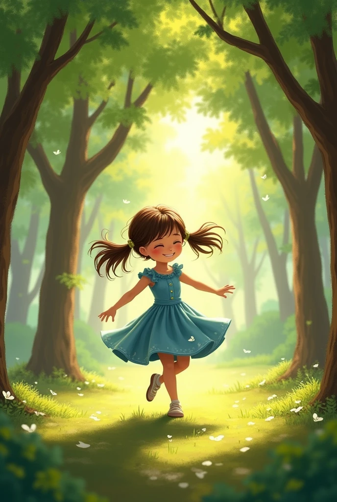 Lily a pigtailed  starts dancing with the trees, twirling and giggling