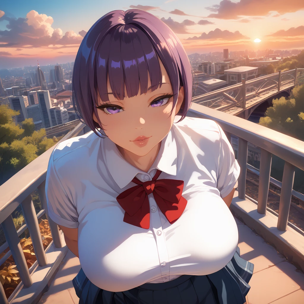 1 female, really short, tanned, round face, front view, pov angle, high angle, plump lips, submissive face, short purple hair, bowl cut, bangs, big purple eyes, full lidded eyes, puckered lips, hands behind back, school uniform, white shirt, clothes stretch, realistic fabric, red ribbon, short blue skirt, skin tight clothing, extremely flushed face, massive breasts, slim waist, cinematic lighting, volumetric lighting, sunset, leaves falling in background, birds in sky, detailed city background, on a bridge, warm hues,train tracks in background