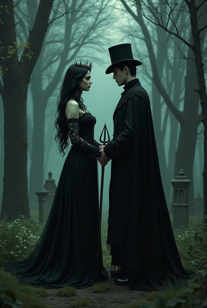 an abandoned cemetery in the woods at night, in the center a sensual queen with white skin, long black hair and green eyes, big breasts, wearing a long, medieval dress with black frames , with a crown on his head. Beside him a tall man with white skin, Youngh, wearing a black suit, cape and top hat, in his left hand a standing trident, in the right hand the reins holding a black horse. both facing the viewer