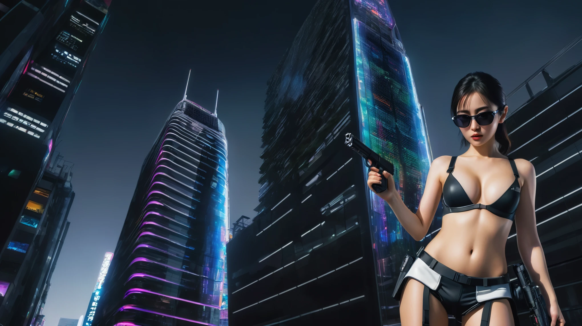 (Low angle view). A futuristic sci-fi all-glass Tokyo city, tall neon buildings, transparent elevator, 1 drone. High-resolution OLED GUI interfaces in the building, The windows are filled with transparent data visualization infographics that show it all, from weather patterns to traffic flow, Matrix cascading code. Colors are saturated and vibrant. At night, (1girl, solo), photo realistic, medium-breast:1.3 slim body, cleavage, sexy costume, miniskirt, (matrix style black sunglasses, holding a short gun), half-body thigh level medium shot, cinematic lighting, ray tracing.