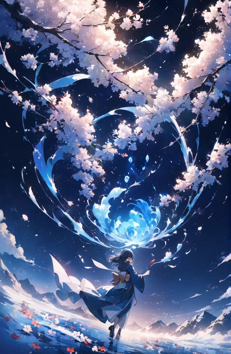 ((Ridiculous)),超high resolution, Attention to detail, high quality, high resolution, 最high quality, 4K, Plum blossoms in full bloom，Flying flowers and falling snow intertwined、Deep blue world、comprehensive, Deep blue toned artwork，Normal hand，Normal five fingers，Perfect hands