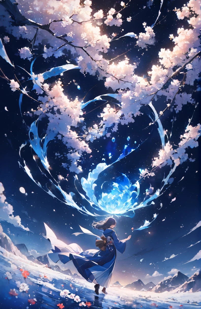((Ridiculous)),超high resolution, Attention to detail, high quality, high resolution, 最high quality, 4K, Plum blossoms in full bloom，Flying flowers and falling snow intertwined、Deep blue world、comprehensive, Deep blue toned artwork，Normal hand，Normal five fingers，Perfect hands