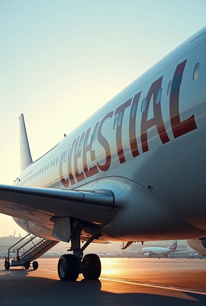 Create a photo of a plane on the ground with the company name “Celestial” in large letters