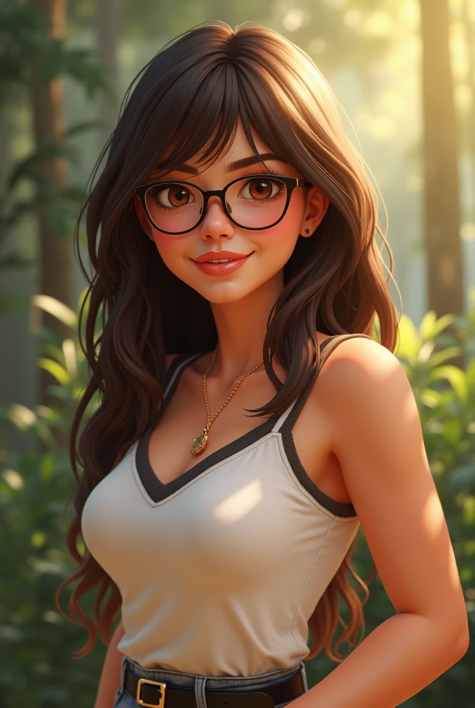 Young Brazilian woman with medium straight loose brown layered hair, medium-sized brown eyes, with glasses, chubby, appears to have
