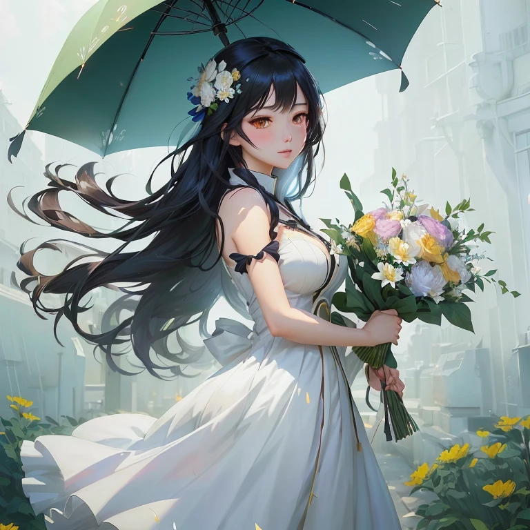 anime girl with long black hair holding a bouquet of flowers, guweiz, guweiz on pixiv artstation, hestia, anime moe artstyle, guweiz on artstation pixiv, artwork in the style of guweiz, anime visual of a cute girl, beautiful maiden, smooth anime cg art, marin kitagawa fanart, guweiz masterpiece