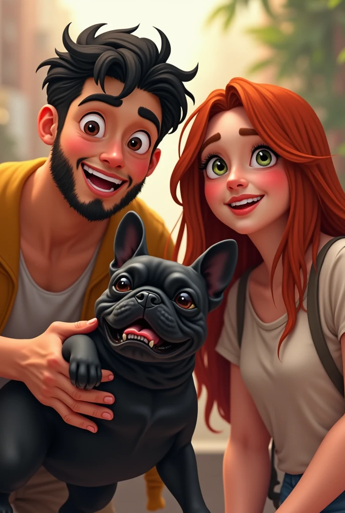 Black French Bulldog with a young male person with white skin color with a beard and black hair. Young white female person with long, straight red hair