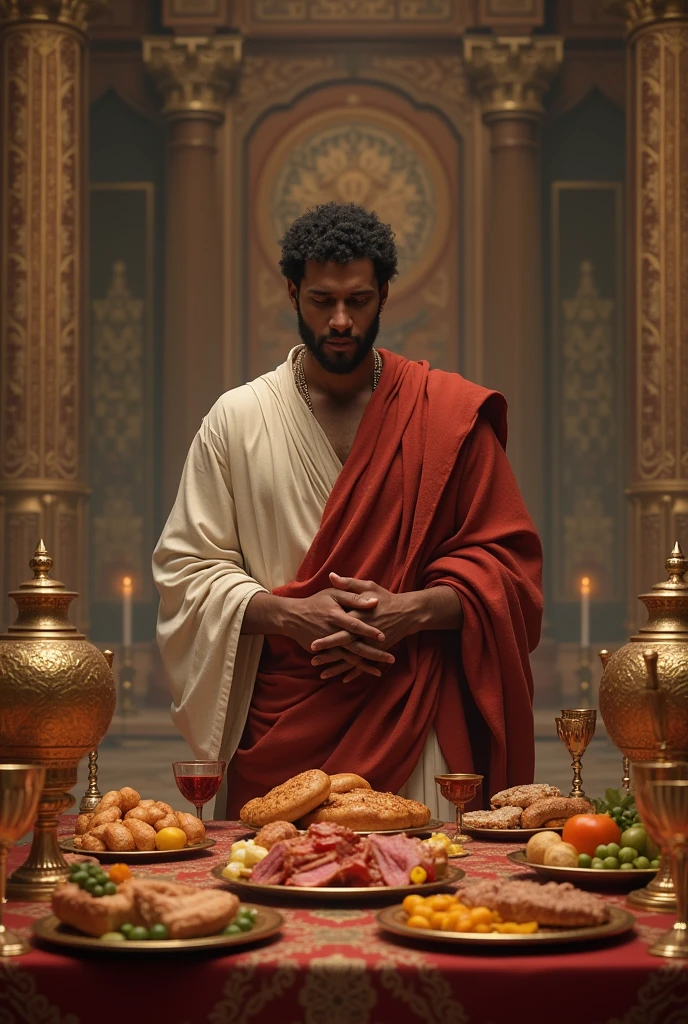 "An ultra-realistic image of Daniel standing before a lavish banquet table in the palace of Babylon, filled with an abundance of rich foods and wine. The table is covered with golden platters holding roasted meats, exotic fruits, breads, and goblets of wine, all arranged in an opulent display. Daniel, a young man in simple but dignified clothing, stands with a calm and resolute expression, his hands gently refusing the feast before him. The background reveals the grandeur of the Babylonian palace, with intricate tapestries, towering columns, and detailed carvings on the walls. The scene is illuminated by the warm glow of oil lamps, capturing the tension of the moment as Daniel makes his quiet but powerful stand for his faith."