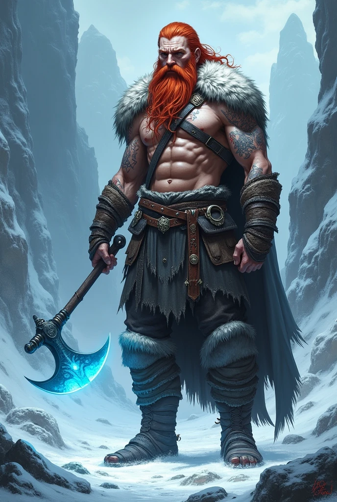 I create a Viking man with long red hair, a strong man with tattoos, with a bewitched axe in his hand, releasing a blue glow around the axe, with the cold and frozen scenery, the man, while cold, his clothes still highlight his muscles    