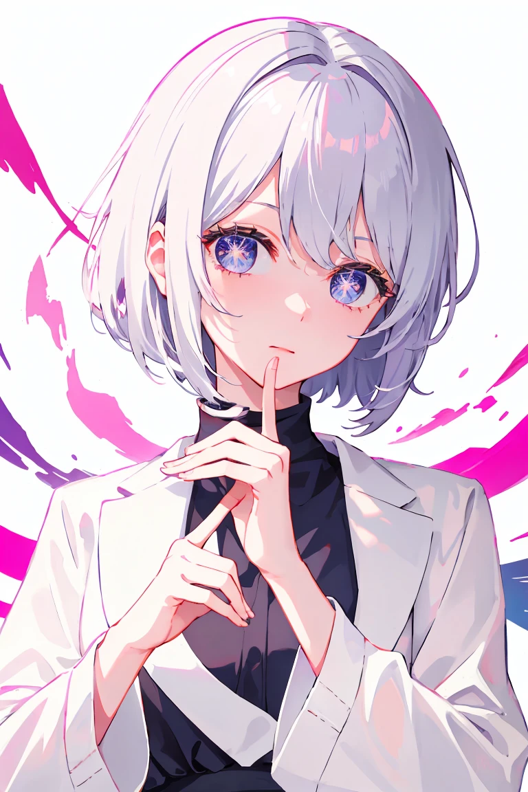 1Beautiful girl of the people,Highest quality,Highest quality,Short Bob Hair、Transparency、White Hair,Black suit、Hide your hands
