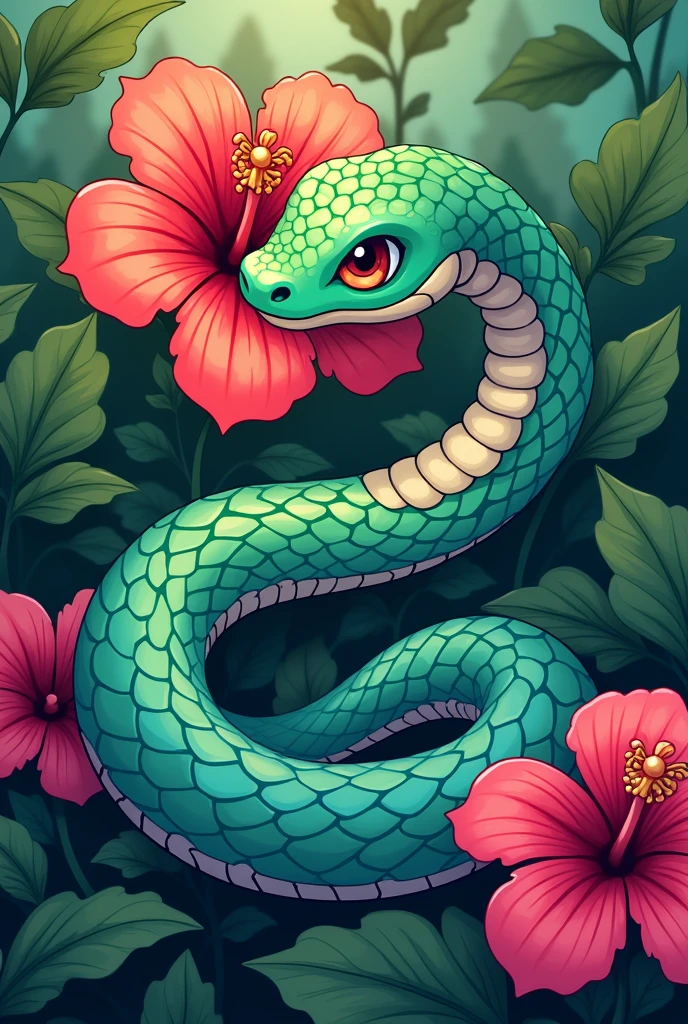 A Cartoon of a Snake Wrapped Around a Hibiscus