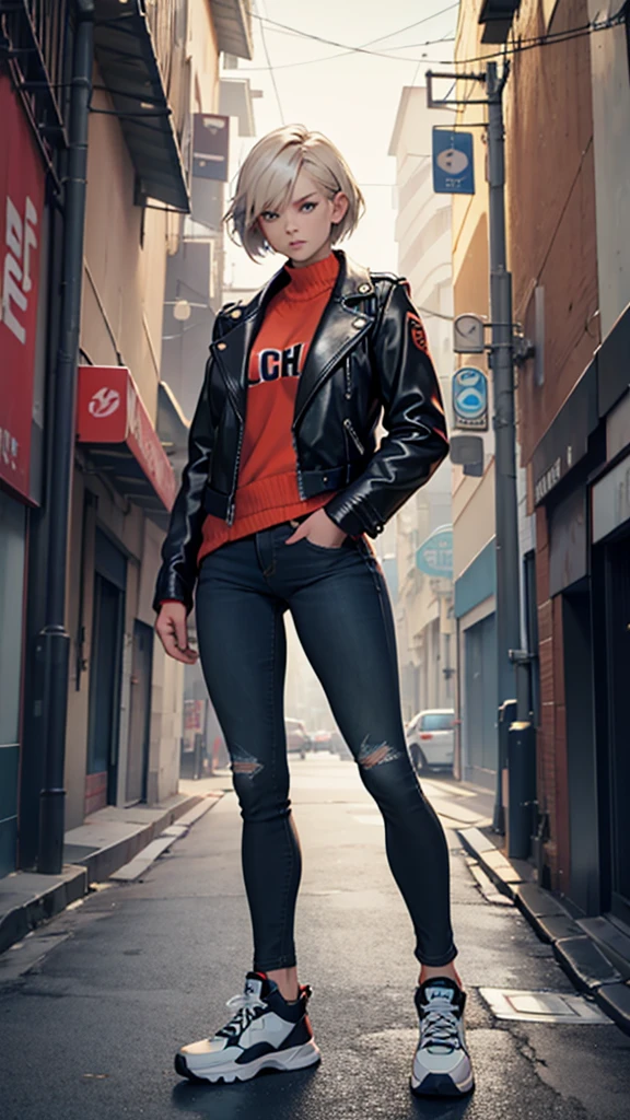 full body of a girl, leather jacket, skinny jeans, sneakers, short hair, perfect body, standing with arm crossed facing the viewer