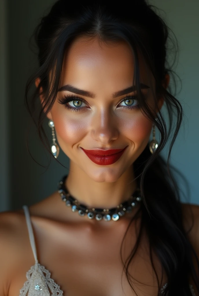 close-up, extreme close-up, close-up portrait, portrait, ultra realistic, photography, long black straight hair in a ponytail, elegant braided hair, (30 years old, hazel eyes, hourglass figure, perfect fit body, natural big breasts), firtatious look, crimson red lipstick, femme fatale, long eyelashes, cat-eye make-up, silk top, highlight her cleavage, highlight her curves