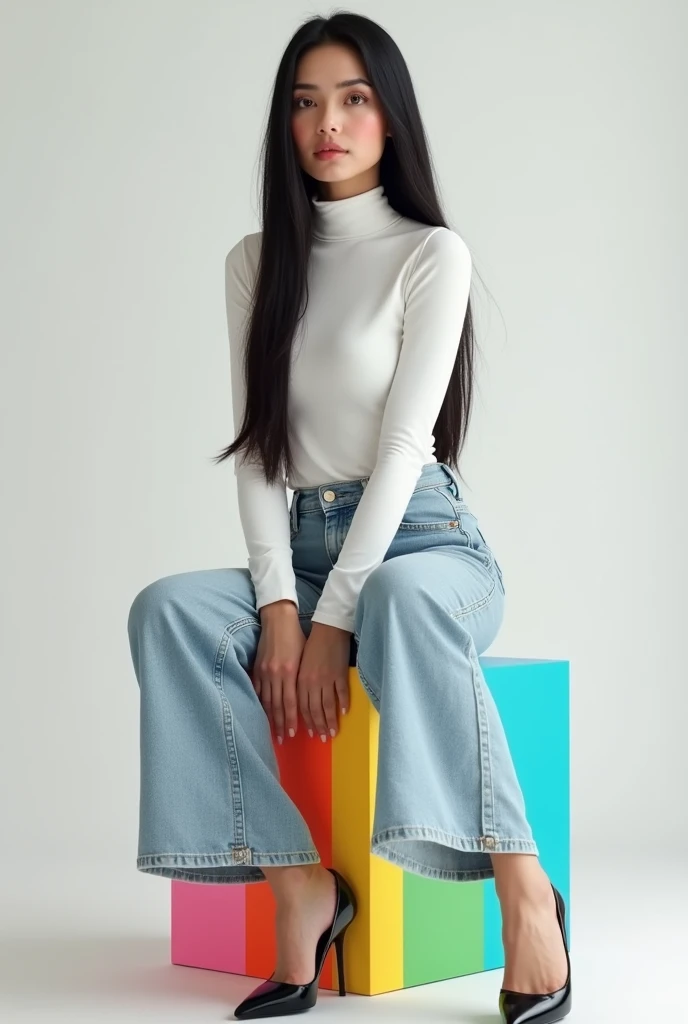 best qualityer:1.4), (ultra high resolution:1.2), (photorrealistic:1.4), (8k, CRU photo:1.2), 1 28 year old woman with white skin. Long straight black hair all swept to the right side. brown eyes . He is wearing a white turtleneck shirt. Light denim palazzo pants. black highheels. She is sitting on top of a colorful cube. You are in a photography studio with a white background. She is Brazilian