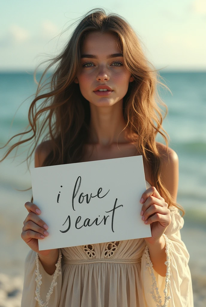 Beautiful girl with wavy long hair, bohemian dress, holding a white board with text "I Love Seaart Infinity" and showing it to the viewer