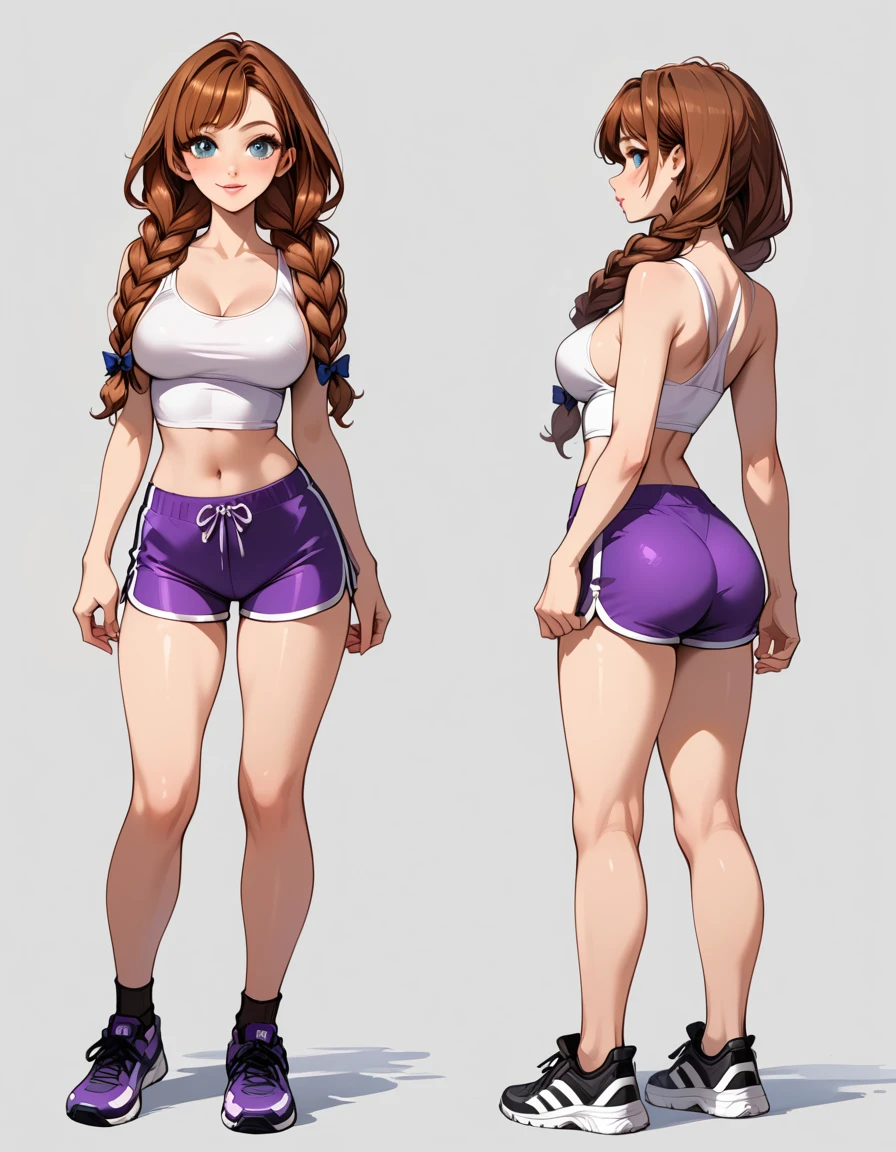 score_9, score_8_up, score_7_up, score_6_up, sketch_sheet, solo, BREAK 1girl, (Anna, brown hair, braided pigtails:1.3), dominant gorgeous girl, same character, BREAK perfect lips, tall, (Sexy gym girl), tight purple dolphin shorts, white tank top, sideboob, sneakers, BREAK frontal body view, back body view, Depth, Many parts, Multiple poses and expressions, BREAK highly detailed, (ultra-detailed), (best illustration), (best shadow), (absurdres), BREAK (very aesthetic), (4k, intricate), (detailed face:1.2).