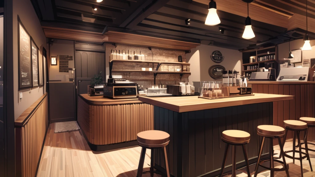 Stylish space A cafe with a warm wooden atmosphere Stylish counter seats in Tokyo A few tables Retro feel The record player is large. high resolution Iced coffee on the table