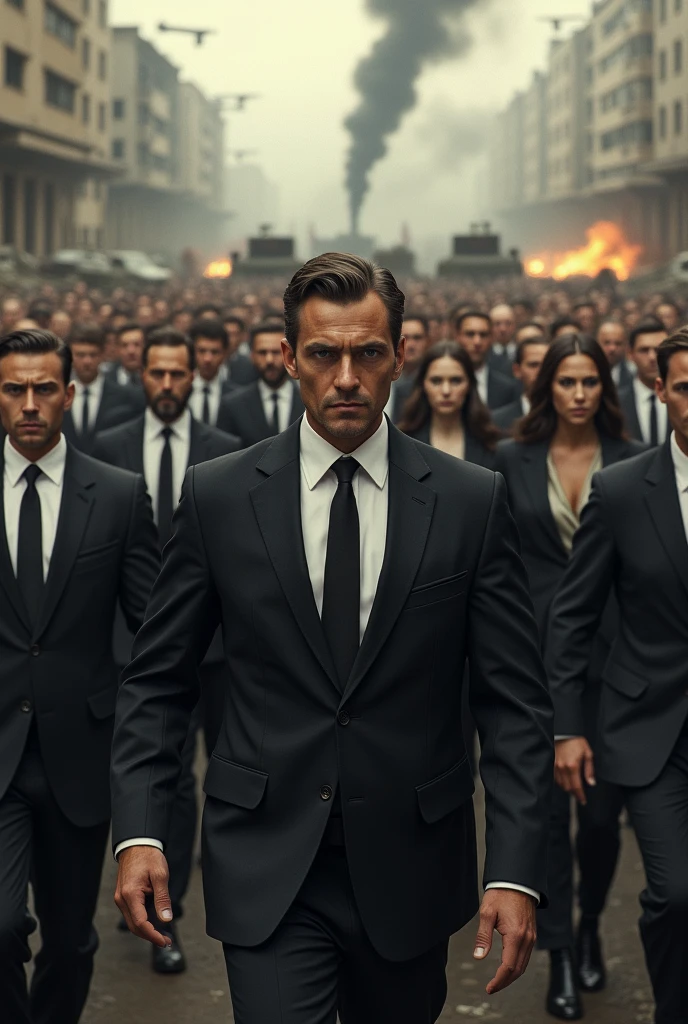 Men and woman in suits going to war
