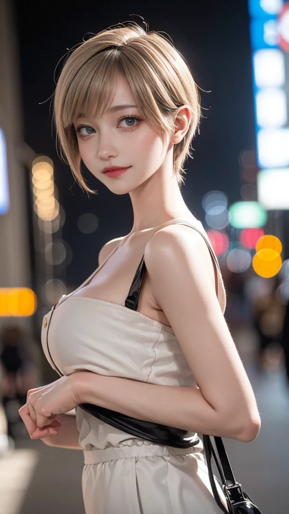 High resolution, masterpiece, accurate, Anatomically correct, Winner of numerous awards, Highest quality, Damaged, High-resolution model, High detail, Very detailed, Textured skin, Ultra high definition,
one person, solo, blondes, Pixie Shortcuts, Hair style with highlighted gradient color,
Large Breasts, happiness/joy, smiling, Drooling,
Background blur, Backlight, movie light effect, movie, Movie shooting,
(Gal Fashion:1.5), Crowds of Shinjuku