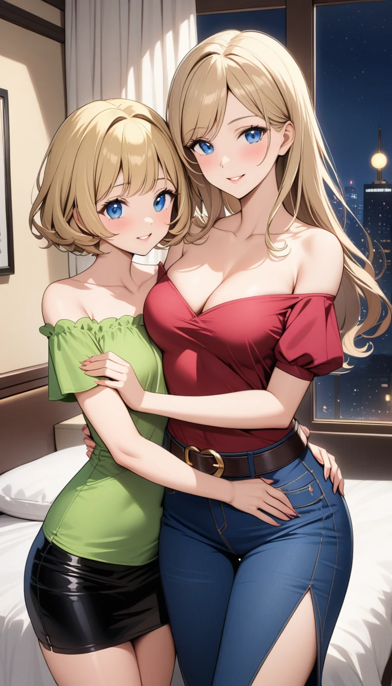 Two beautiful ladies ((lady 1: 45y old mom, with short straight blonde hair, lady 1 with blue eyes and caucasian skin, lady 1 wearing Tight Denim Skirt and Leather Belt, lady 1 Sexy Off-Shoulder Mid Sleeves Dark Red Blouse)), ((lady 2: 15y old daughter, with short layered blonde hair, lady 2 with blue eyes and caucasian skin, lady 2 wearing Tight Dark Denim Skirt and Leather Belt, lady 2 Sexy Off-Shoulder Short Sleeves Green Blouse)), ((lady 1: 45y old mom wearing luxurious jewelry, 18k gold wedding ring on left hand)), standing in their bedroom at night, hugging and kissing each other, (light brown lipstick), (elegant mascara), (slim body), (small breasts), (wide hips), endjourney, <lora:GoodHands-, <lora:GoodLegs-, UHD, high resolution, (expressive eyes, perfect face, full body, expressive face, perfect body, perfect pussy, athletic, fit, slim body, blushing, Perfect makeup, eyeliner, beautiful eyelashes, smiling, horny face), ((best illumination, best shadows)), ((sexy pose))