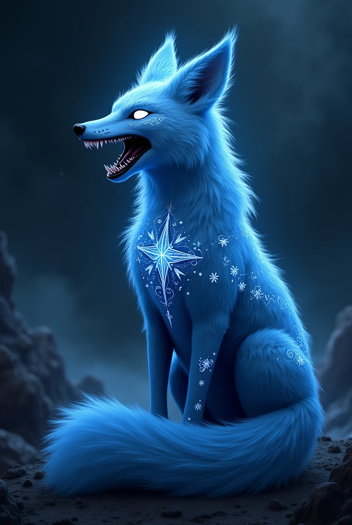 a blue fox with the symbol of the southern cross with an evil face