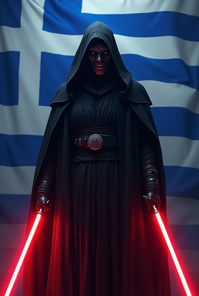 The country greece as a Sith Lord from Star Wars, colors of the flag (blue, white), red lightsaber, scary, frightening, ultra-realistic