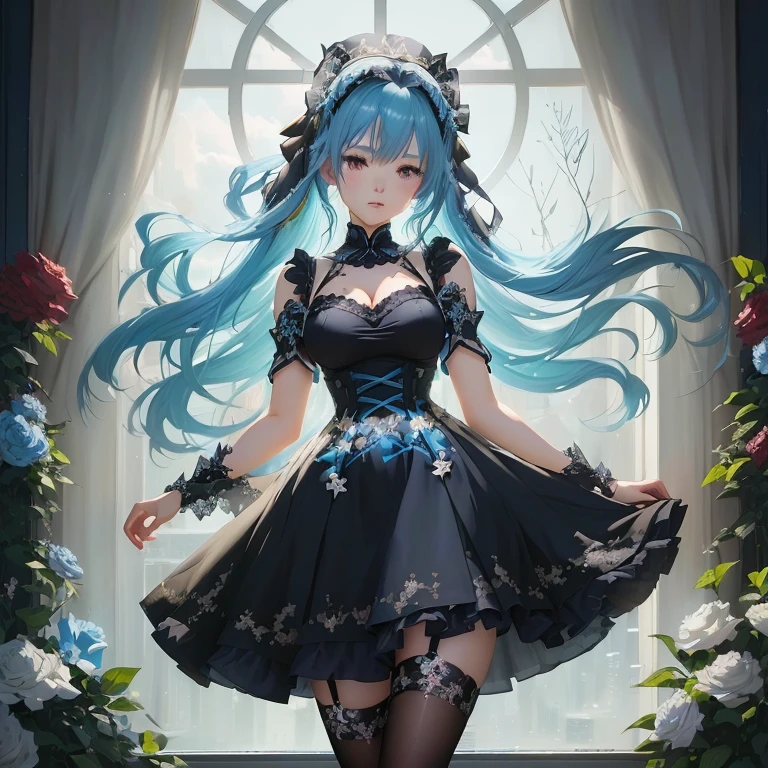 anime girl with blue hair and black dress standing in front of a window, in dress, cute anime waifu in a nice dress, trending on artstation pixiv, guweiz on pixiv artstation, 8k high quality detailed art, anime style 4 k, anime girl wearing a black dress, anime art wallpaper 8 k