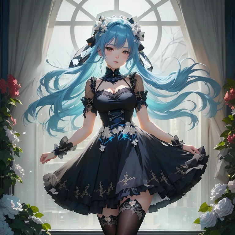 anime girl with blue hair and black dress standing in front of a window, in dress, cute anime waifu in a nice dress, trending on artstation pixiv, guweiz on pixiv artstation, 8k high quality detailed art, anime style 4 k, anime girl wearing a black dress, anime art wallpaper 8 k