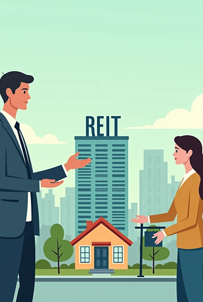 Make pictures in horizontal way of Activity starting from Right side of picture a person selling His House or Bilding and In middle Of image Put One Building write REIT Word on top Of The building and Last Right side of picture put the investor Image.   - almost you got it but Make difference between investors and seller its hard to find who are they and Make in way so that people can understand that by looking 
