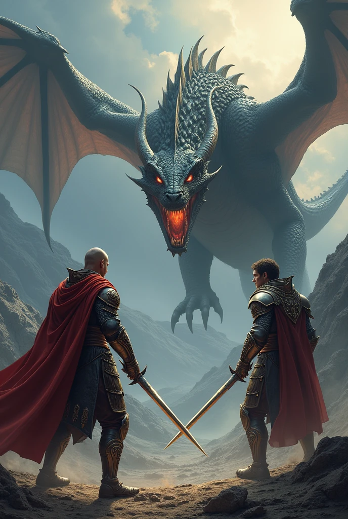 Two warriors and a dragon in the background