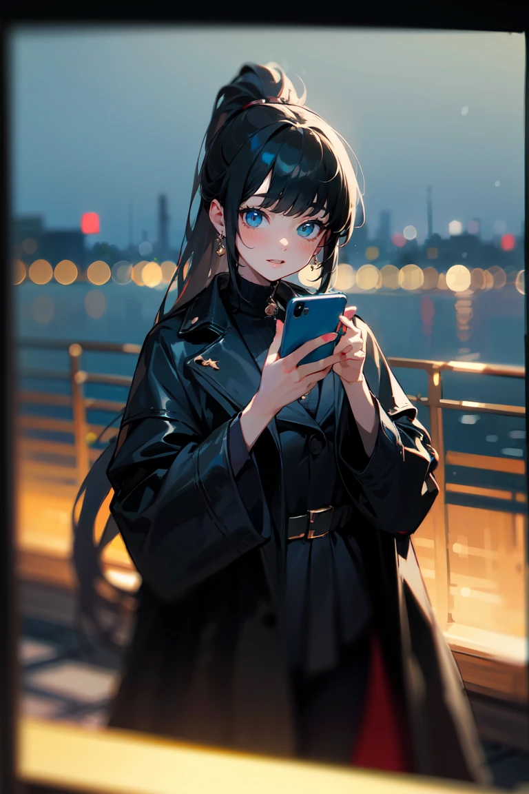 (masterpiece, best quality:1.3), highly detailed, (atmospheric perspective), 1girl, black hair, high ponytail, long hair, (bangs), (deep ocean eyes), (smiley), pretty lipsticks, (holding smartphone:1.1), looking at the phone, black leather long coat, late night street background, soft focus, ((bokeh)), absurdres