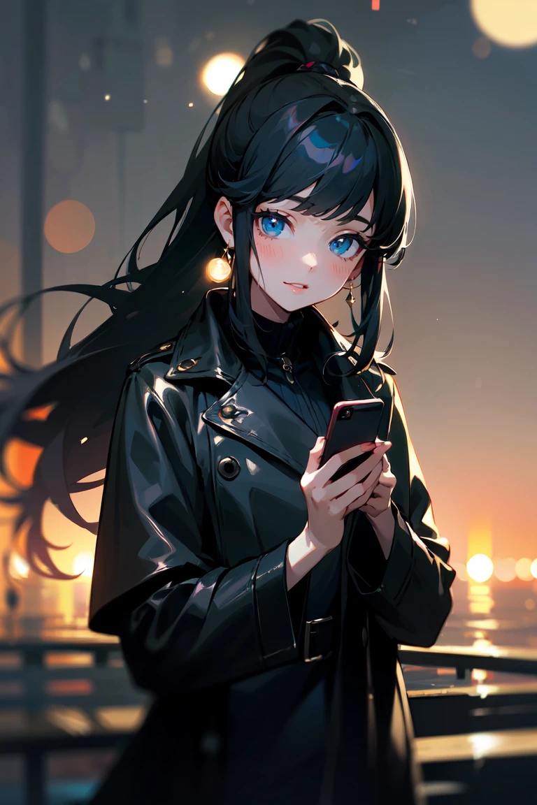 (masterpiece, best quality:1.3), highly detailed, (atmospheric perspective), 1girl, black hair, high ponytail, long hair, (bangs), (deep ocean eyes), (smiley), pretty lipsticks, (holding smartphone:1.1), looking at the phone, black leather long coat, late night street background, soft focus, ((bokeh)), absurdres