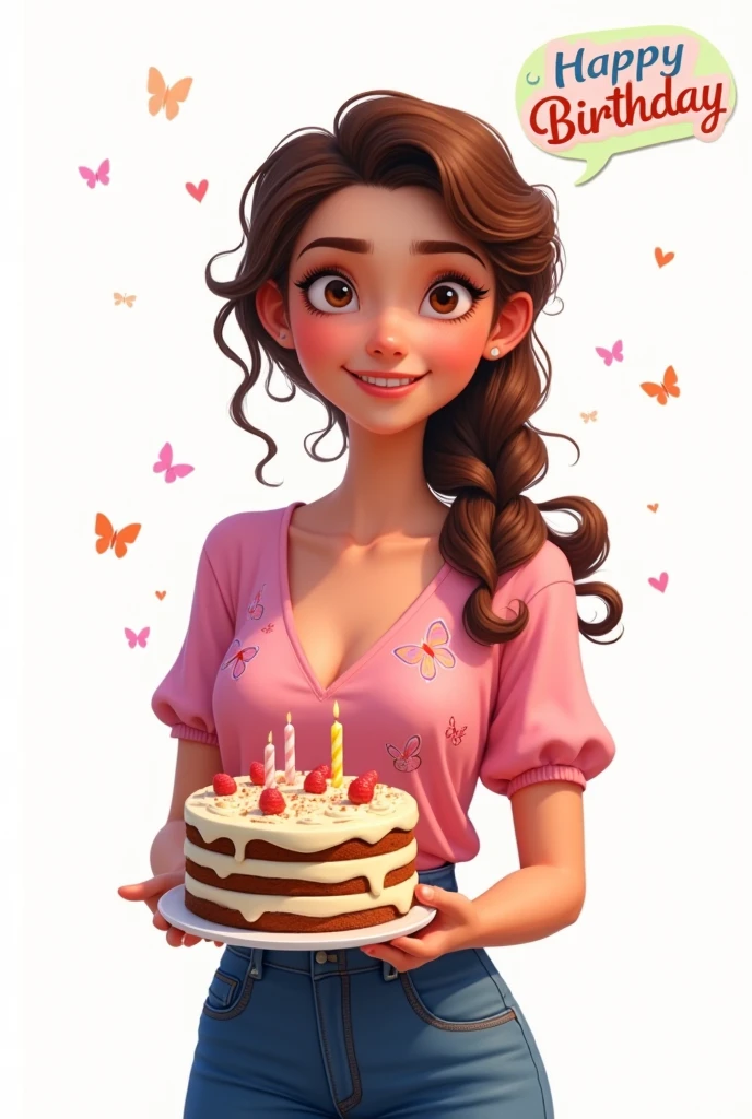 Disney-like image of a  with big brown eyes, curly hair tied in a braid, holding a cake. She wears jeans and a pink blouse with a butterfly print.. There is a sign that says happy birthday. the background is white