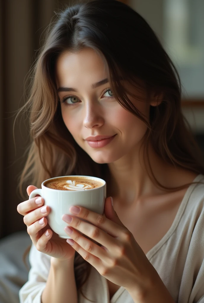 Create a beautiful woman drinking a cup of coffee