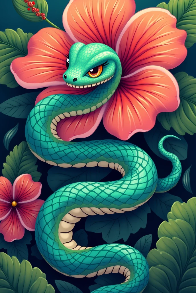 A Cartoon of a Snake Wrapped Around a Hibiscus