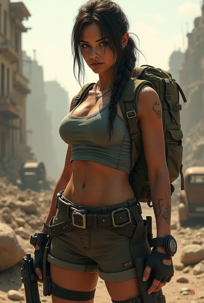 Lara croft de face dans un decors post-apocaliptique