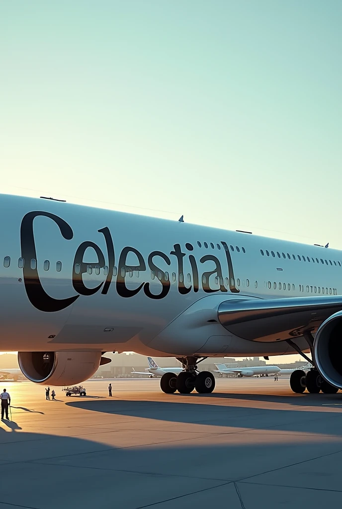 Create a photo of a plane on the ground with the company name “Celestial” in large letters