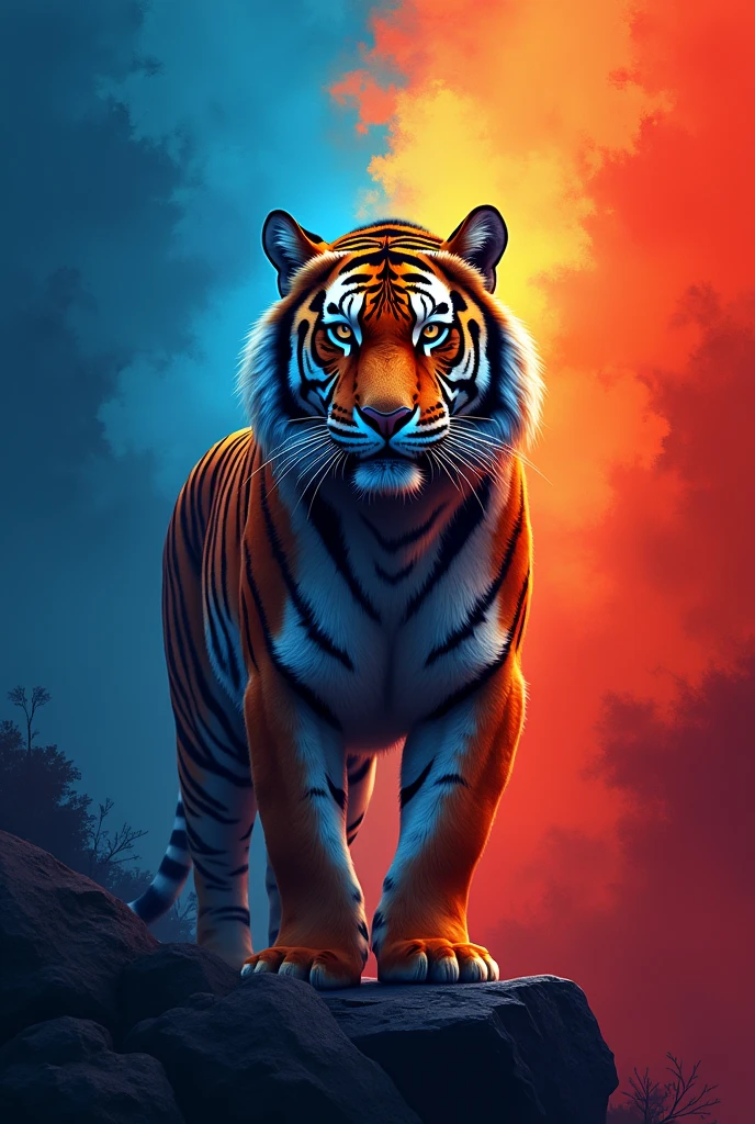 Make a banner with a blue and red background with a Siberian tiger on the side