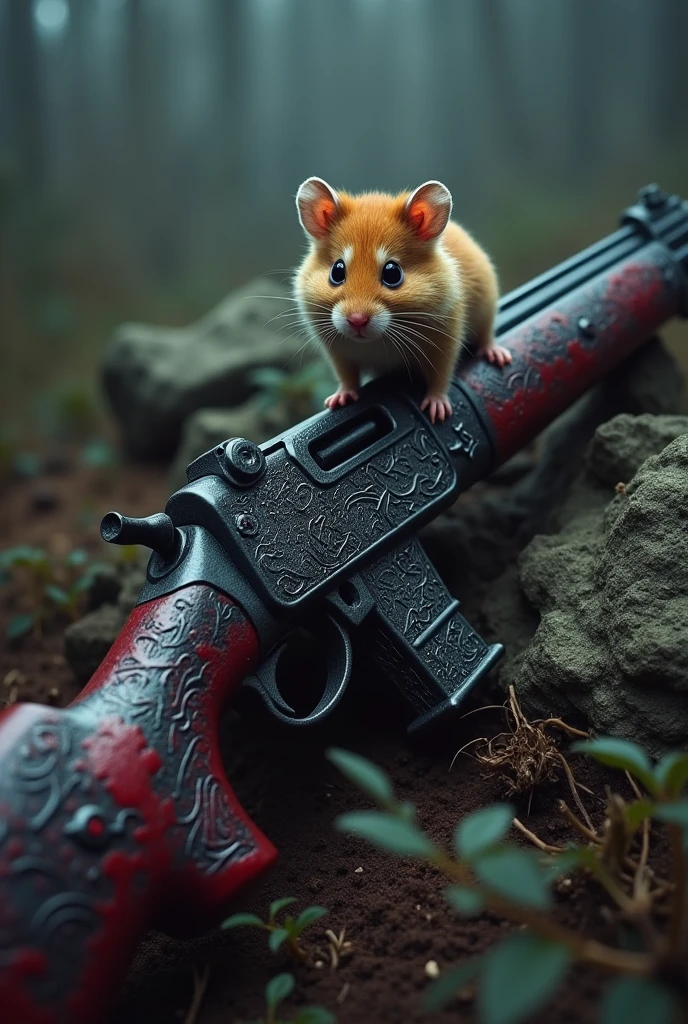 can you create the dark fantasy rifle with blood coated all around and unique design with hamster